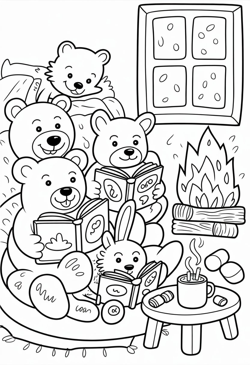 Cozy Friends Coloring Pages A Perfect List of 15 Relaxing Designs 6 A bear, rabbit, and fox sitting together indoors reading books and drinking hot cocoa near a fireplace with a snowy window in the background.